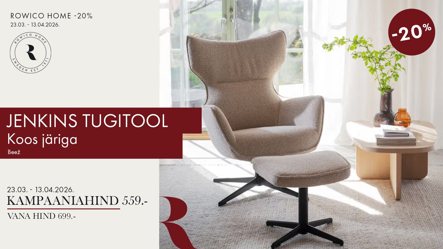 jenkins tugitool kangas beež Rowico Home koos järiga -20% kampaania 699 € -> 559 €