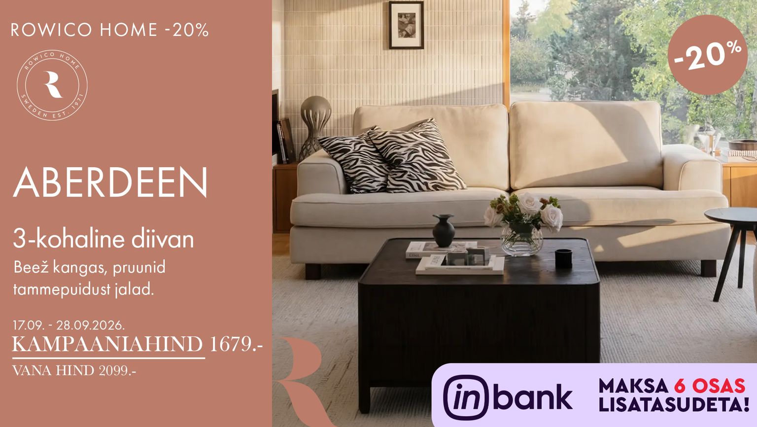 Aberdeen: Rowico Home Aberdeen 3-kohaline diivan, beež kangas ja pruunid tammepuidust jalad. Kampaaniahind 1679 €, vana hind 2099 €.