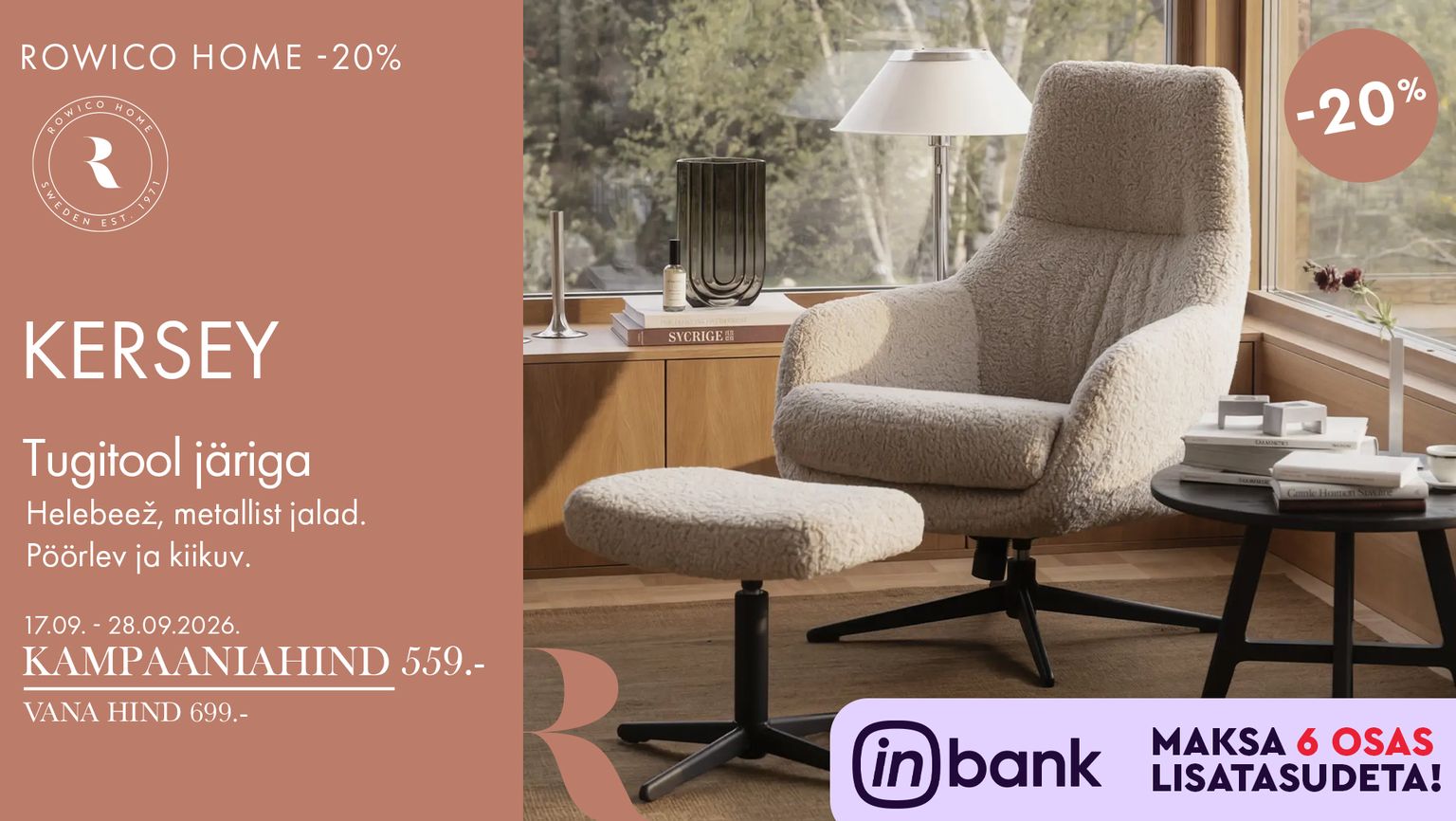 Kersey: Rowico Home Kersey tugitool järiga, helebeež kangas ja metallist jalad. Pöörlev ja kiikuv. Kampaaniahind 559 €, vana hind 699 €.