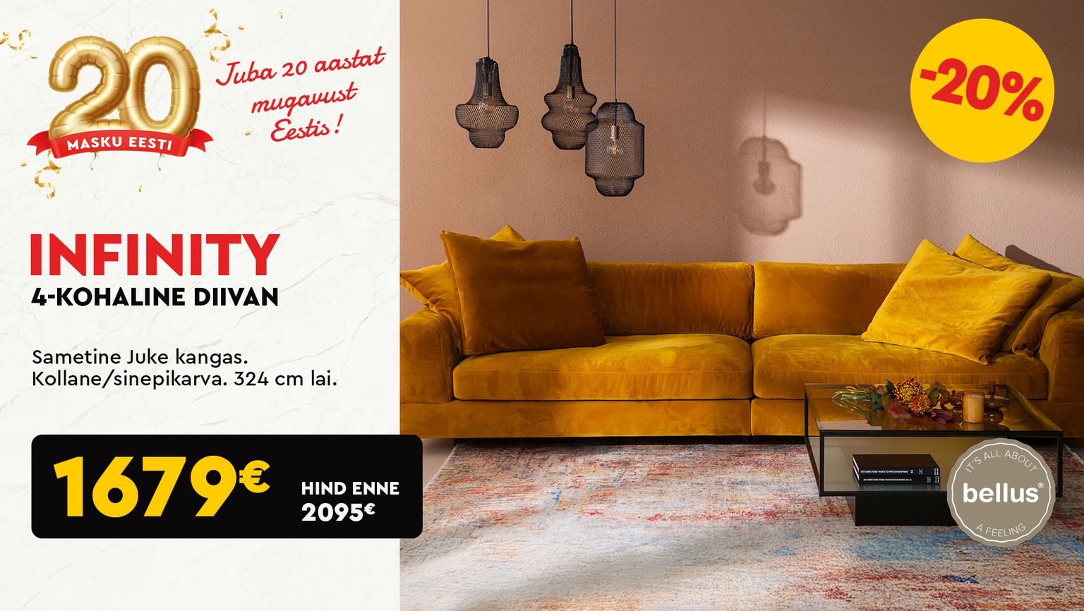 infinity 4-kohaline diivan sametkangas kollane bellus -20% kampaania 2095 € -> 1679 €