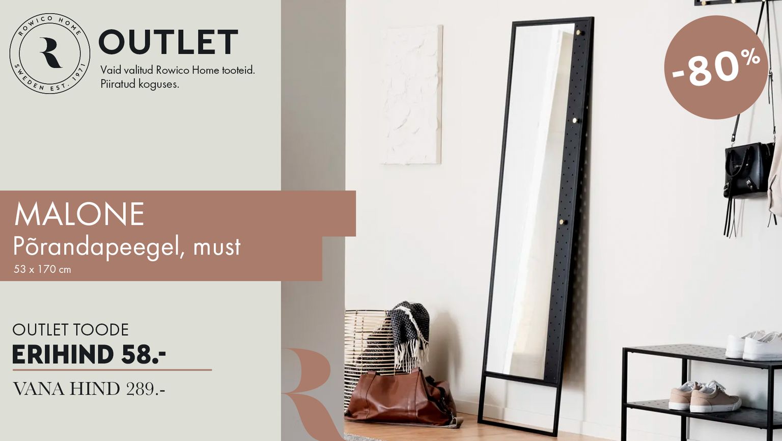 malone põrandapeegel must Rowico Home outlet -80% kampaania 289 € -> 58 €