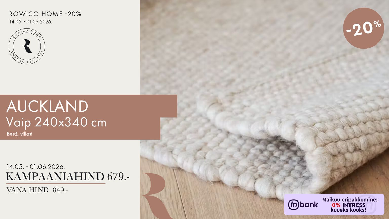 auckland vaip villane beež Rowico Home vaip 240x340 cm -20% kampaania 849 € -> 679 €