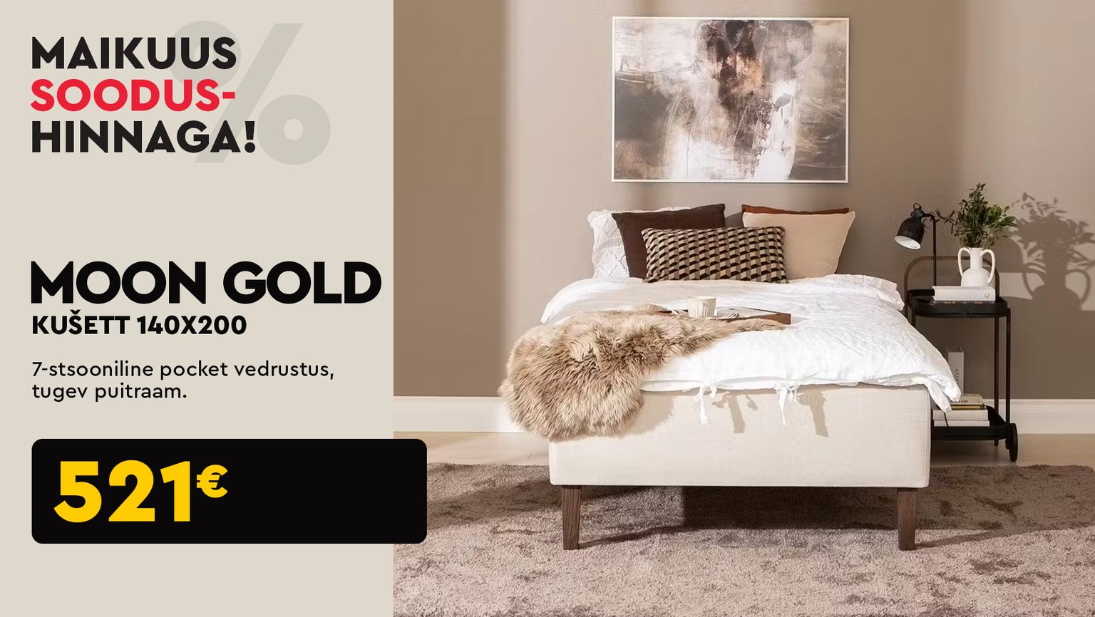 moon gold kušett 140x200 voodi kangas beež pocket vedrustus magamistuba 521 €