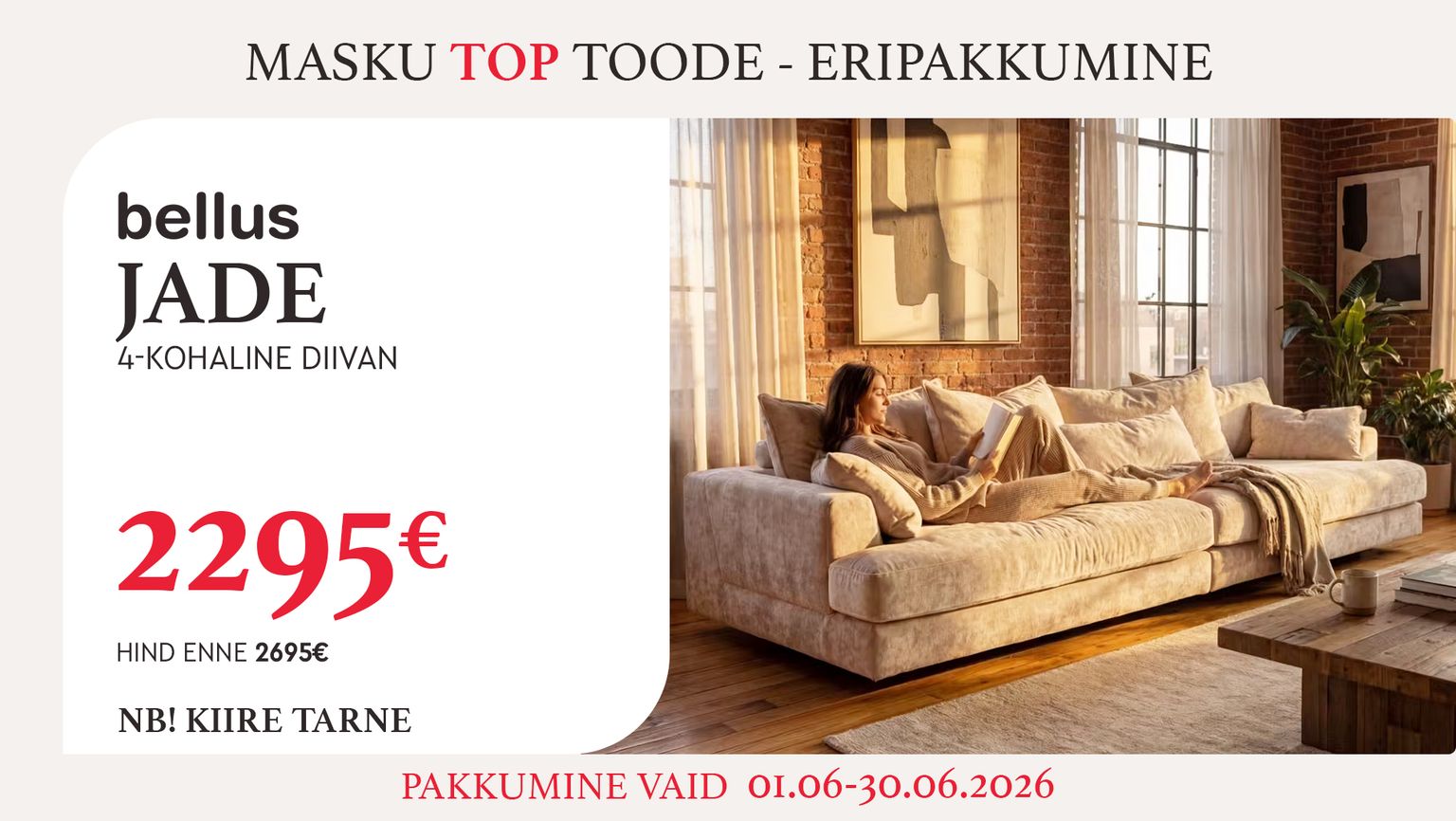 jade diivan 4-kohaline kangas beež Bellus elutuppa 2695 € -> 2295 €