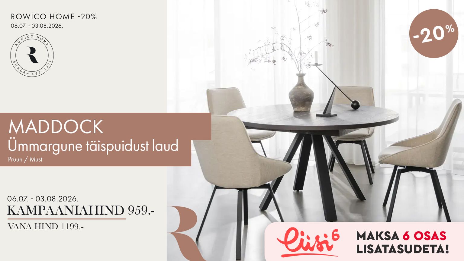 maddock ümmargune söögilaud, täispuit, pruun/must, Rowico Home, ümmargune laud, -20% kampaania, 1199 € -> 959 €