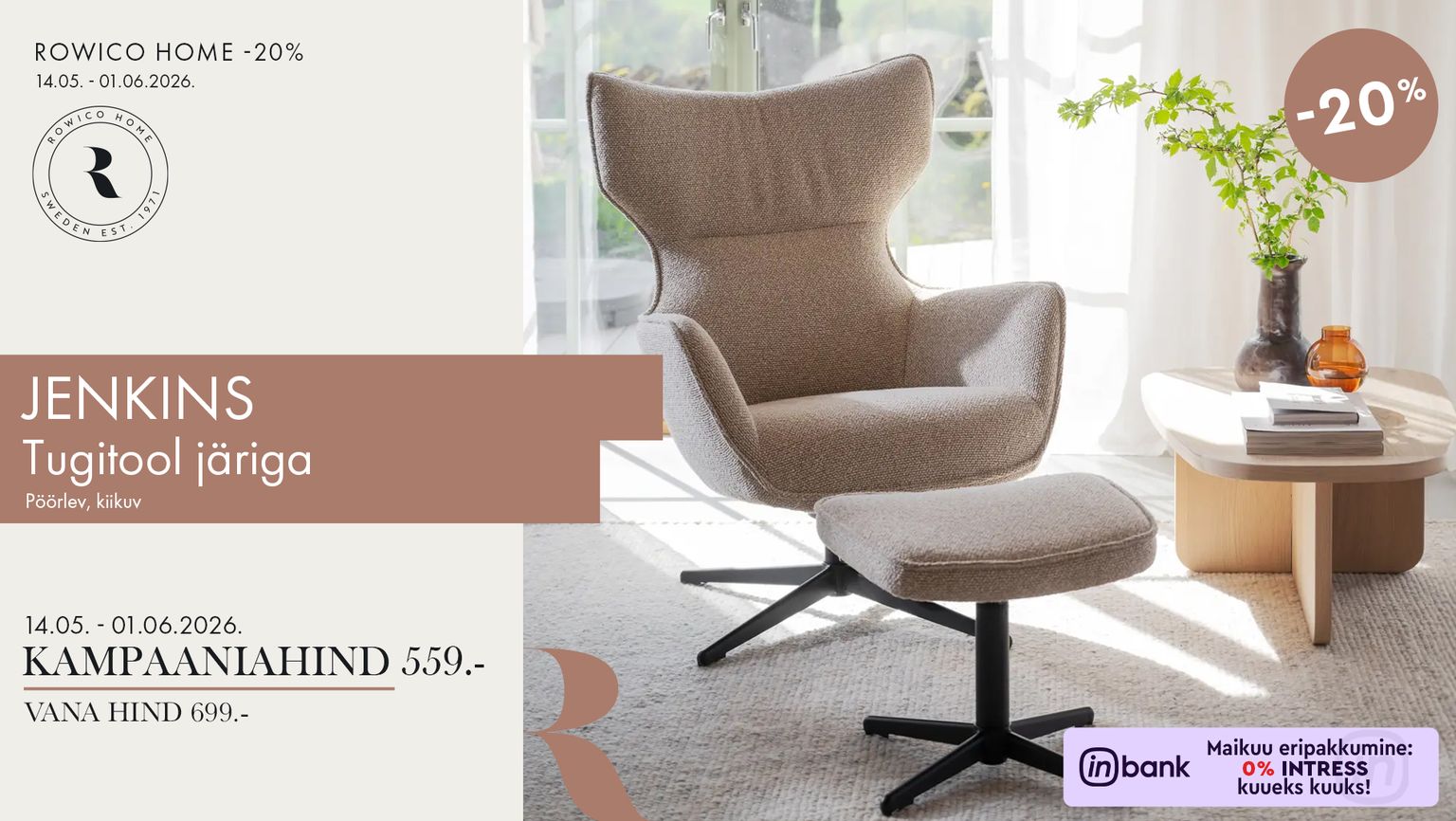 jenkins tugitool järiga pöörlev kangast pruun Rowico Home tugitool -20% kampaania 699 € -> 559 €