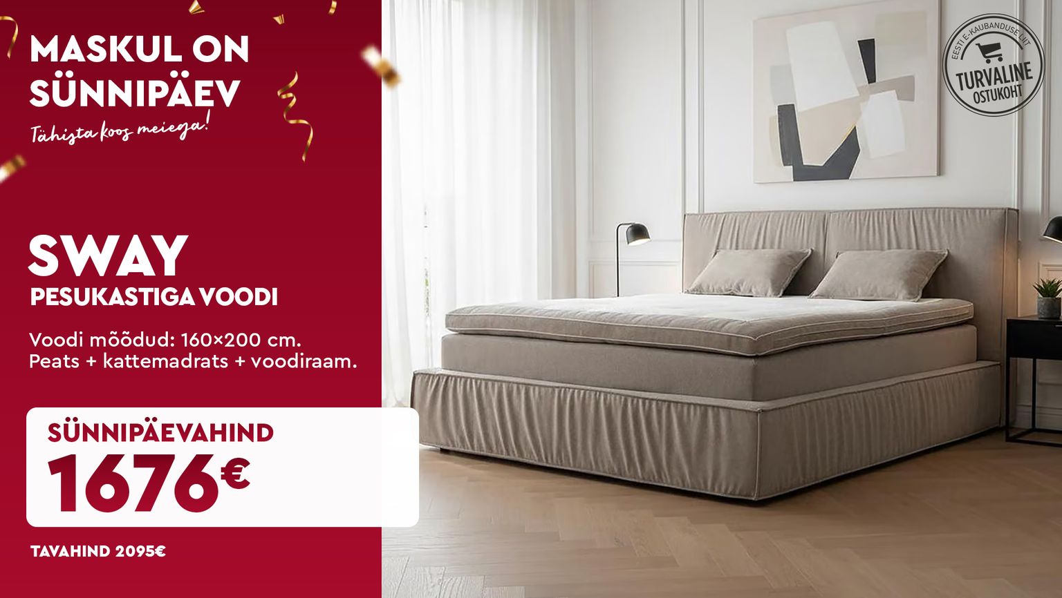 Sway pesukastiga voodi 160×200 cm peats kattemadrats ja voodiraam sünnipäevahind 2095 € -> 1676 €