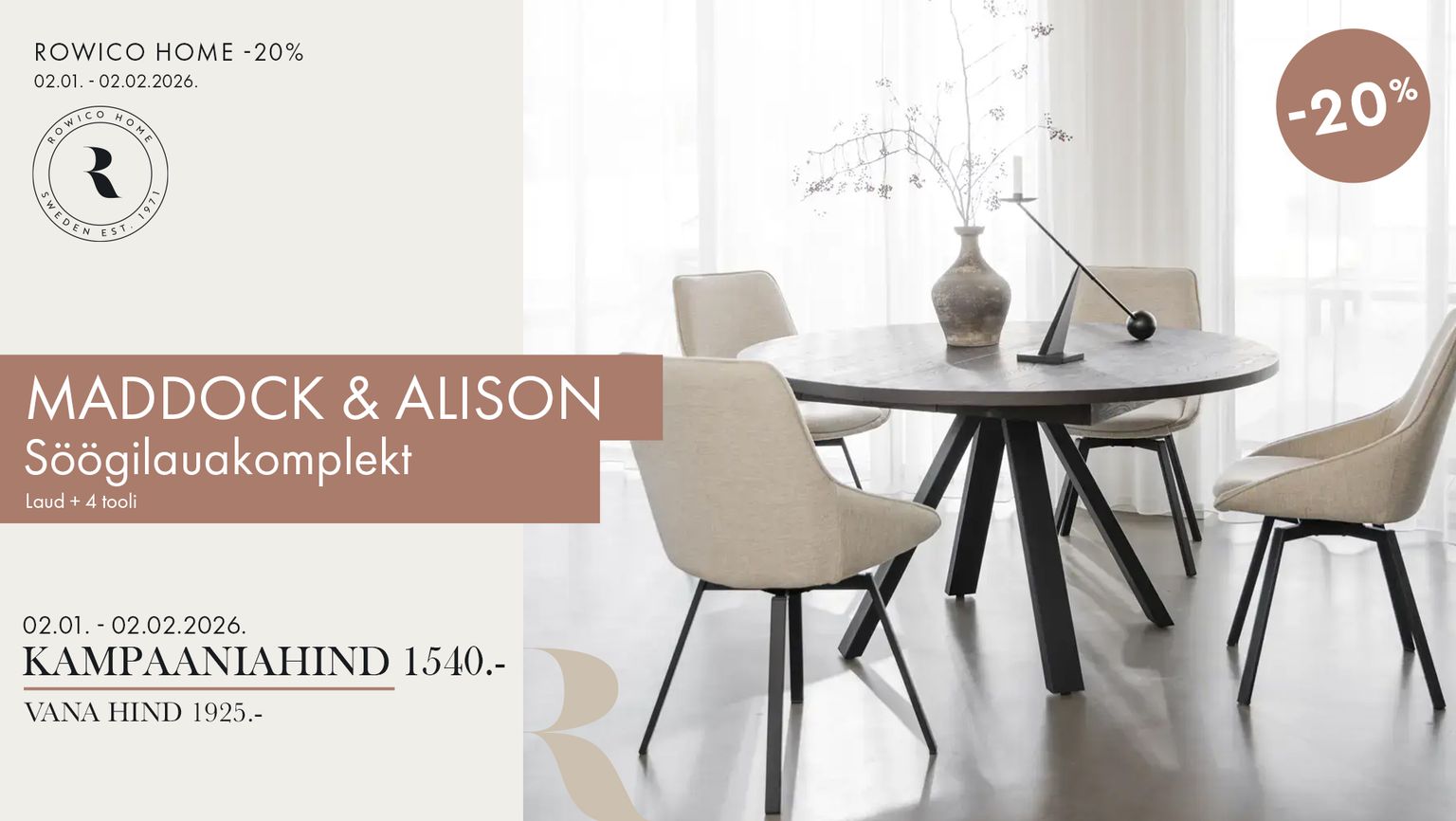 maddock & alison söögilauakomplekt laud ja 4 tooli Rowico Home -20% kampaania 1925 € -> 1540 €