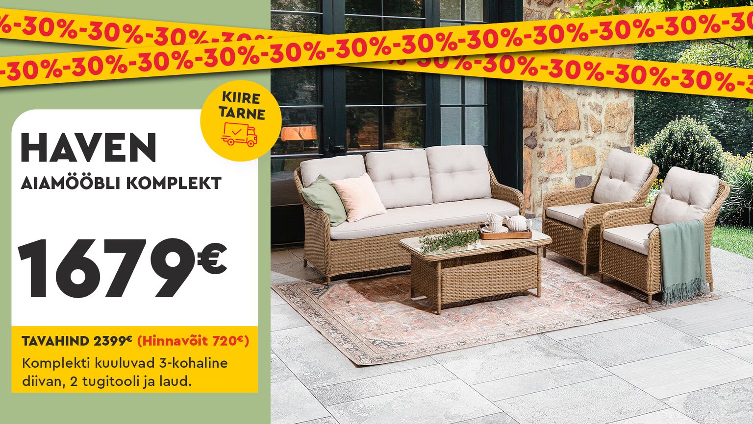 haven aiamööbli komplekt, polürotang, beež, 3-kohaline diivan, 2 tugitooli ja laud, -30% kampaania, 2399 € -> 1679 €