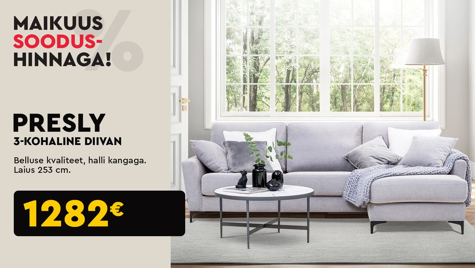 presly diivan 3-kohaline kangas hall 253 cm elutuba 1282 €