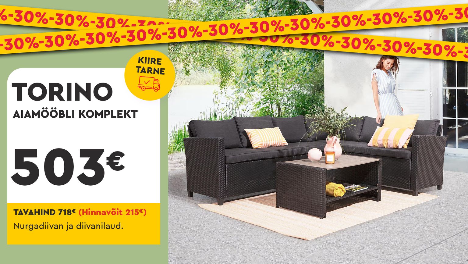 torino aiamööbli komplekt, polürotang, must, nurgadiivan ja diivanilaud, -30% kampaania, 718 € -> 503 €