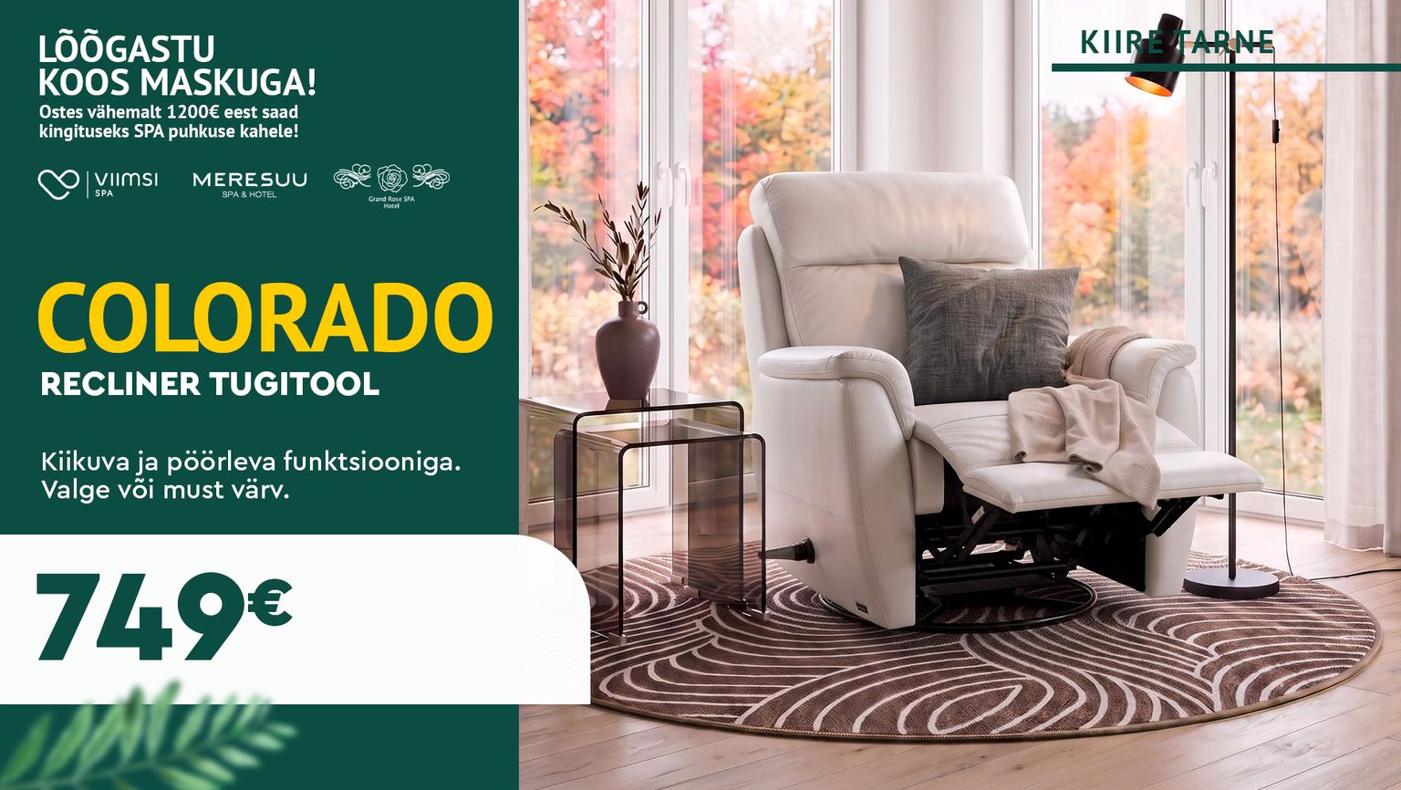 Colorado recliner tugitool, valge nahk, kiikuv ja pöörlev, lamamisfunktsiooniga, kiire tarne, SPA kampaania, 749 €