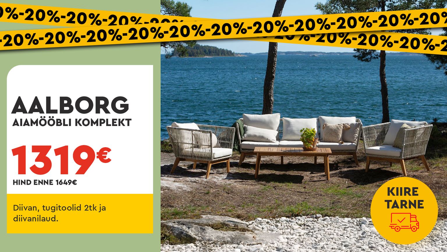 aalborg aiamööbli komplekt rotangist beež diivanilaud ja 2 tugitooli -20% kampaania 1649 € -> 1319 €