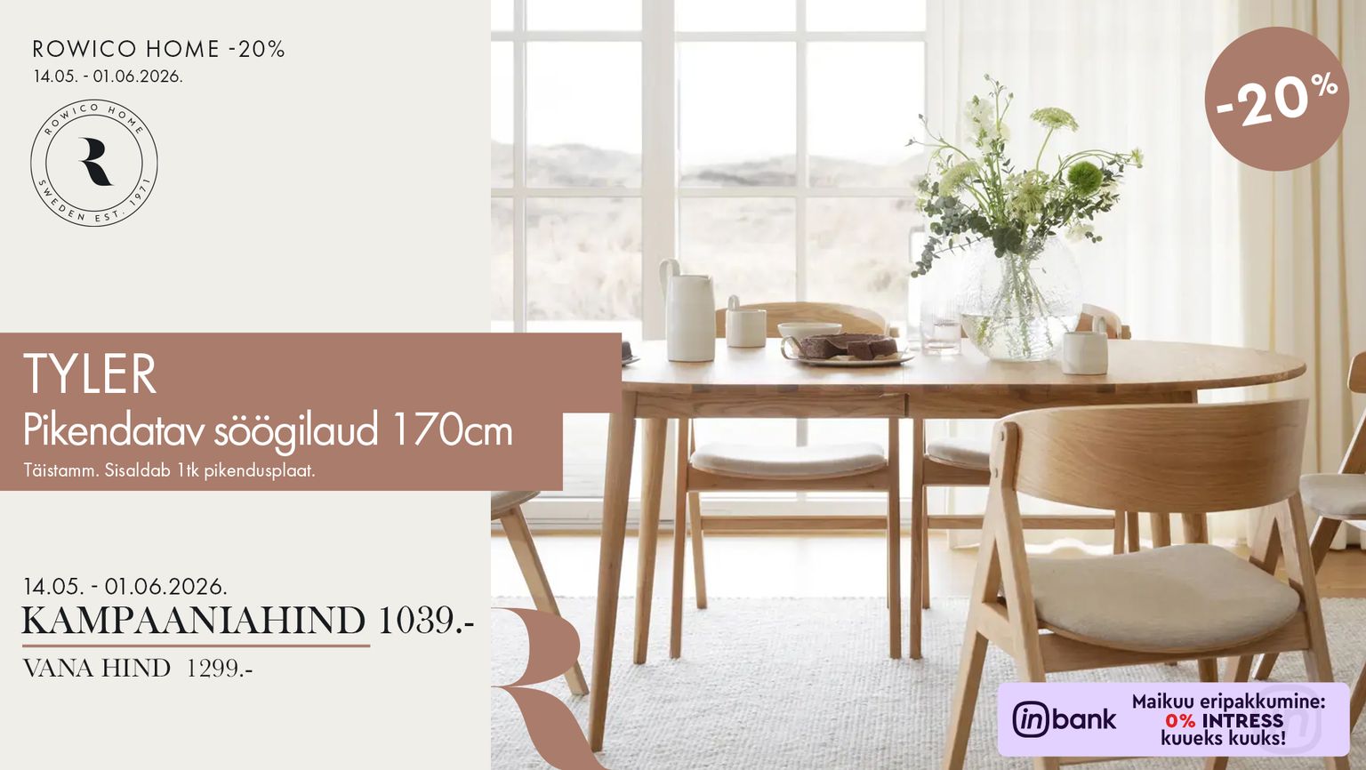 tyler pikendatav söögilaud täistammest Rowico Home söögilaud 170 cm -20% kampaania 1299 € -> 1039 €