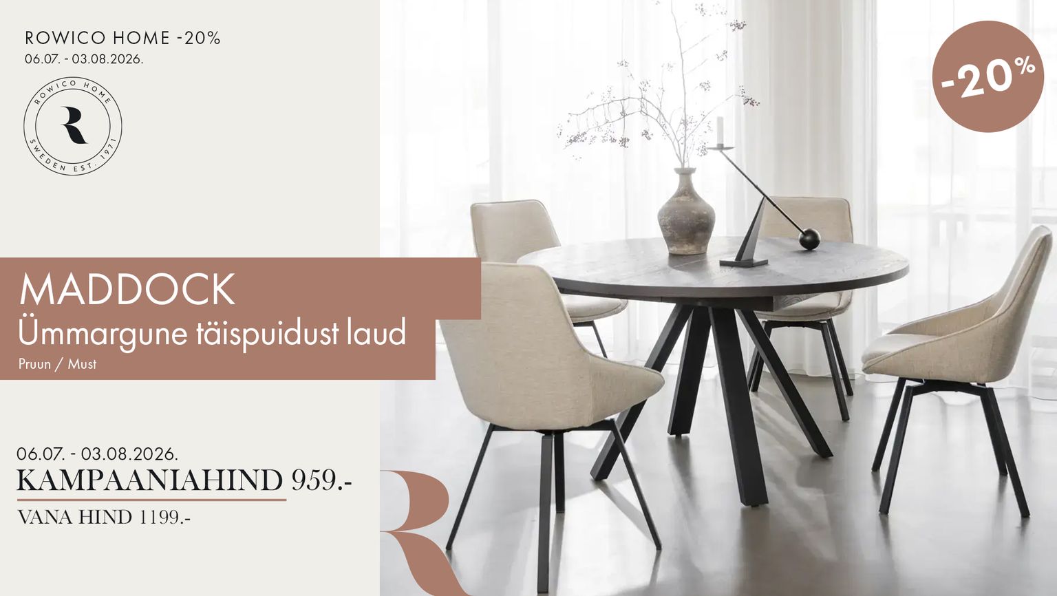maddock ümmargune söögilaud söögilaud täispuit pruun must Rowico Home -20% kampaania 1199 € -> 959 €