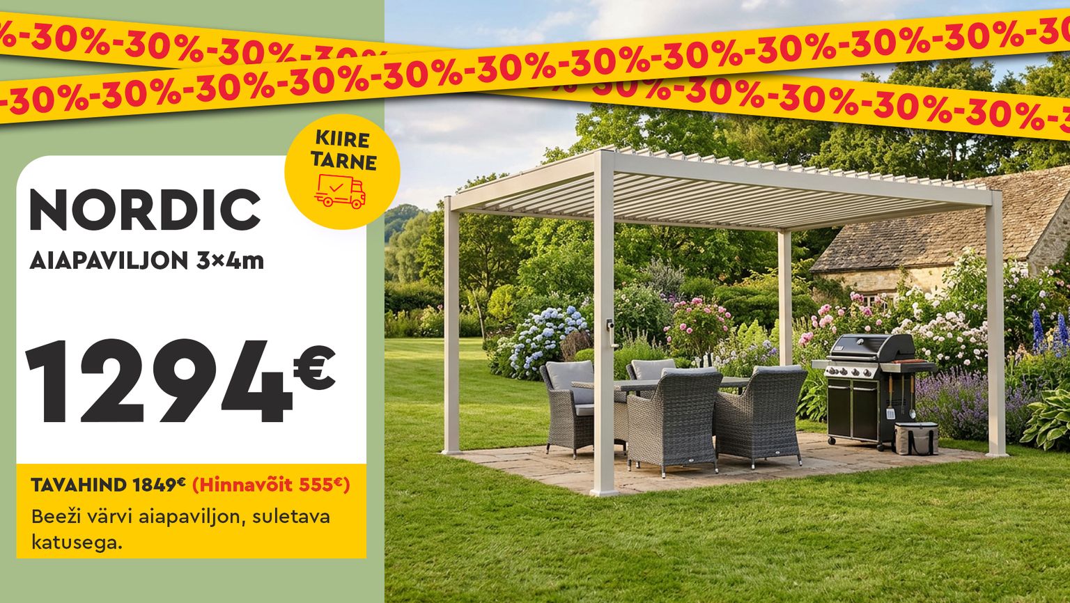nordic aiapaviljon 3x4 m, metall, beež, sulgetava katusega, -30% kampaania, 1849 € -> 1294 €