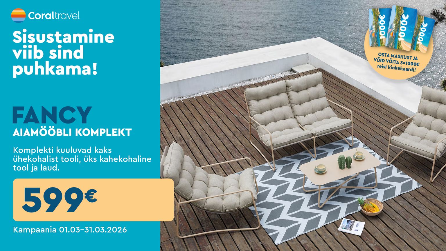 Fancy aiamööbli komplekt metallist ja kangast beež 2 tugitooli 1 kahekohaline tool laud terrassile 599 €