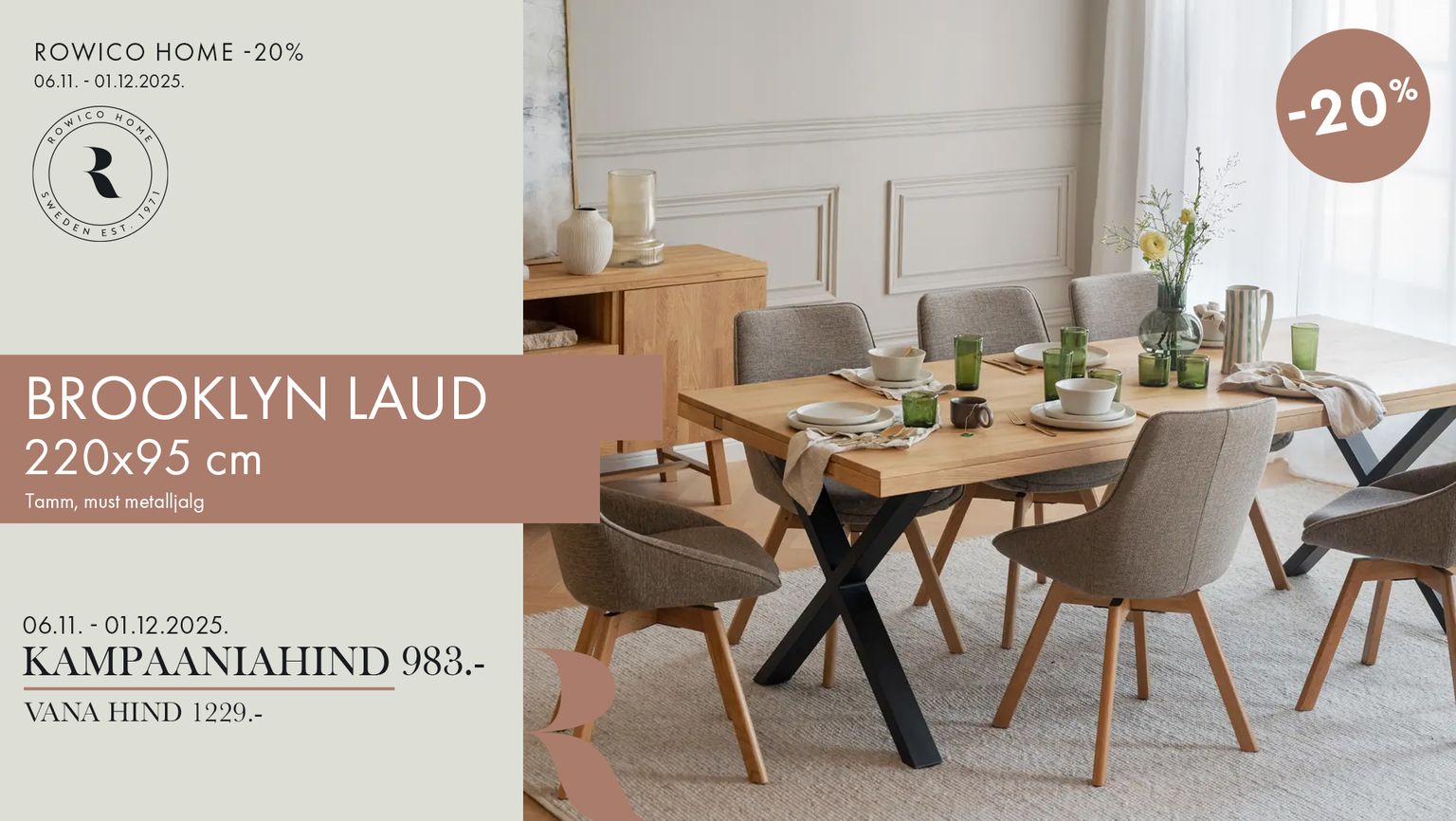 brooklyn laud tammepuidust musta metalljalaga Rowico Home -20% kampaania 1229 € -> 983 €