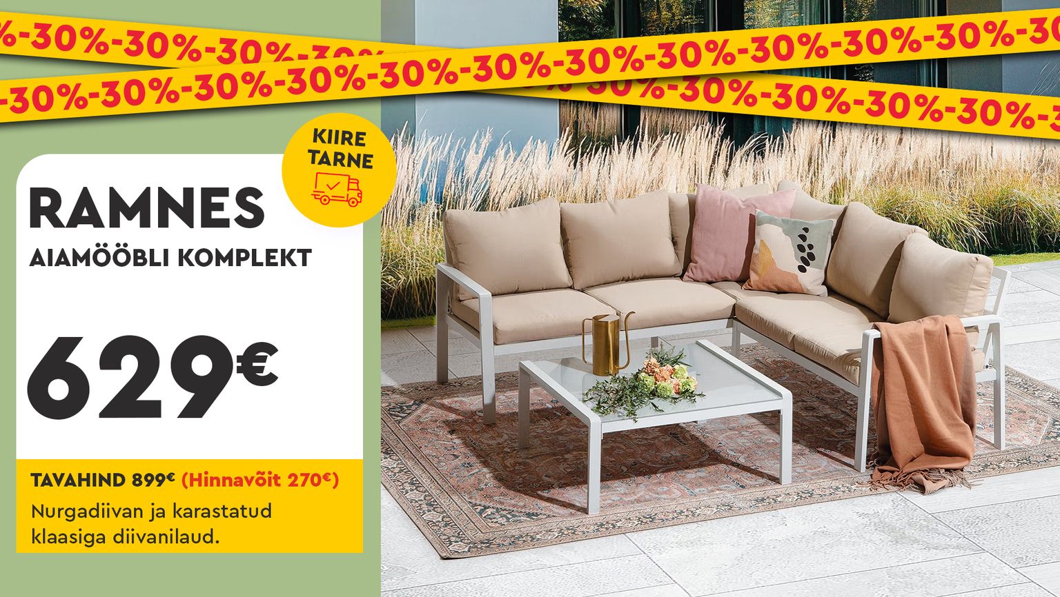ramnes aiamööbli komplekt, metall, beež, nurgadiivan ja klaasiga diivanilaud, -30% kampaania, 899 € -> 629 €
