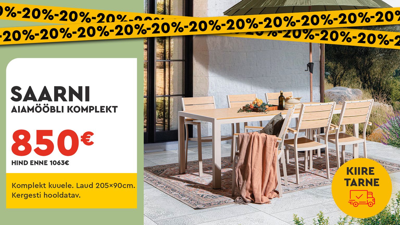 saarni aiamööbli komplekt puidust beež 6-kohaline söögilaud toolidega -20% kampaania 1063 € -> 850 €