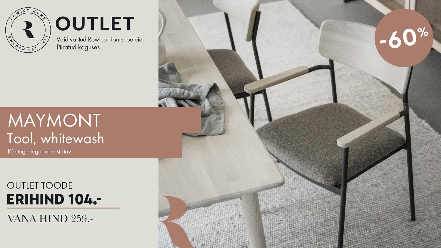 maymont tool whitewash käetugedega Rowico Home outlet -60% kampaania 259 € -> 104 €