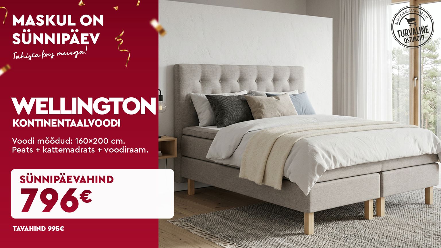 Wellington kontinentaalvoodi 160×200 cm peats kattemadrats ja voodiraam sünnipäevahind 995 € -> 796 €