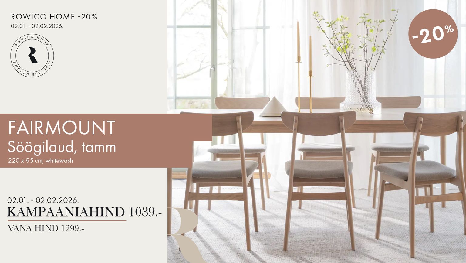 fairmount söögilaud tamm whitewash Rowico Home 220 x 95 cm -20% kampaania 1299 € -> 1039 €