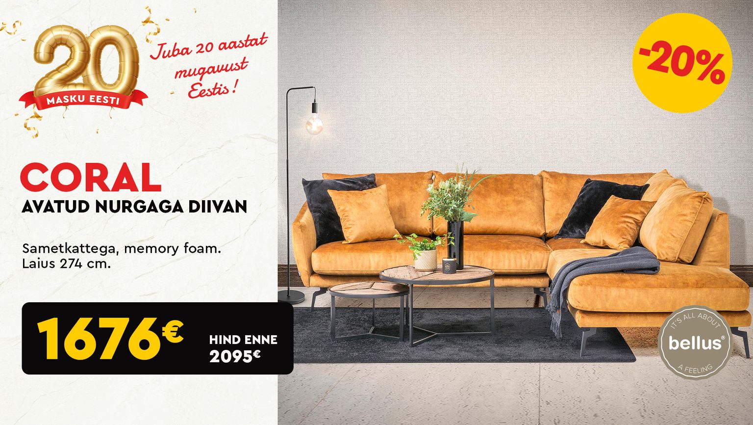 coral avatud nurgaga diivan sametkangas kuldne bellus -20% kampaania 2095 € -> 1676 €