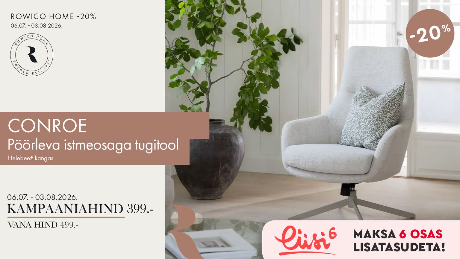 conroe pöörleva istmeosaga tugitool, kangas, helebeež, Rowico Home, pöörlev tugitool, -20% kampaania, 499 € -> 399 €
