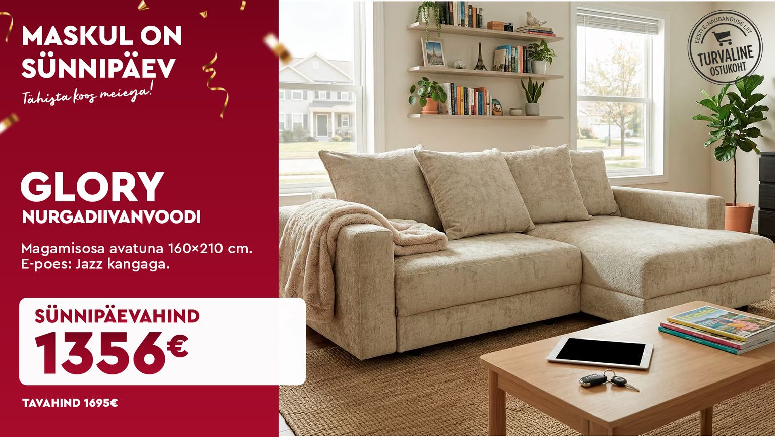 Glory nurgadiivanvoodi Jazz kangaga magamisosa 160×210 cm sünnipäevahind 1695 € -> 1356 €