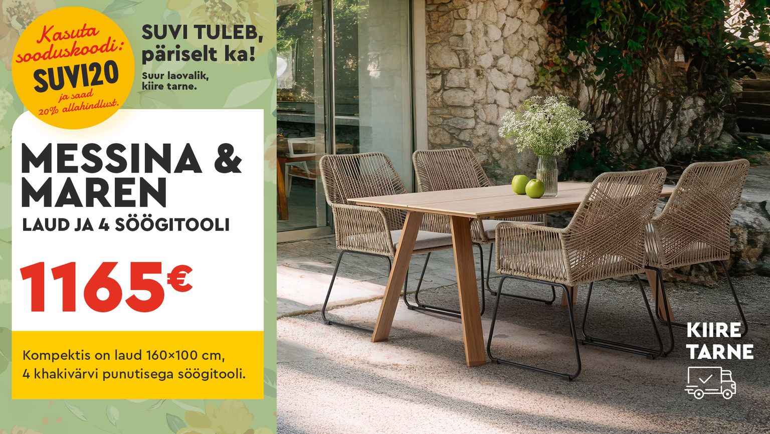 MESSINA & MAREN söögilaud ja söögitoolid puit khaki SUVI20 -20% kampaania 1165 €