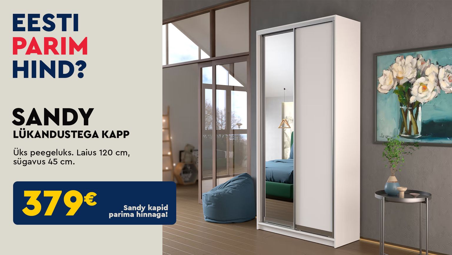 sandy lükandustega kapp kapp melamiin valge Sandy üks peegeluks magamistuppa parima hinnaga kampaania 379 €