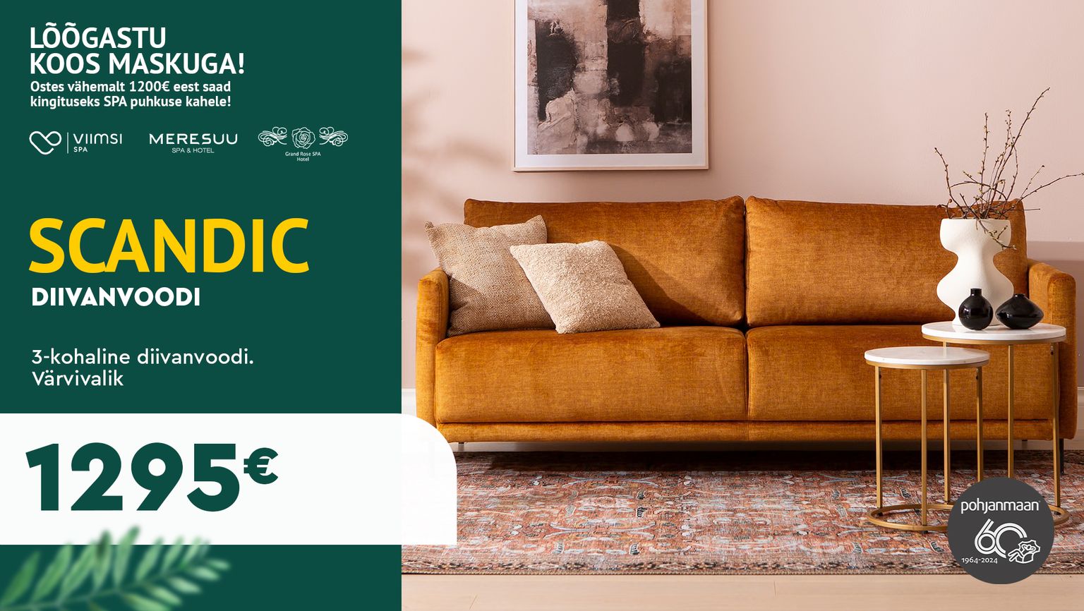 1. Scandic 3-kohaline diivanvoodi, oranž kangas, Põhjamaan, Skandinaavia stiilis, kiire tarne, SPA kampaania, 1295 €