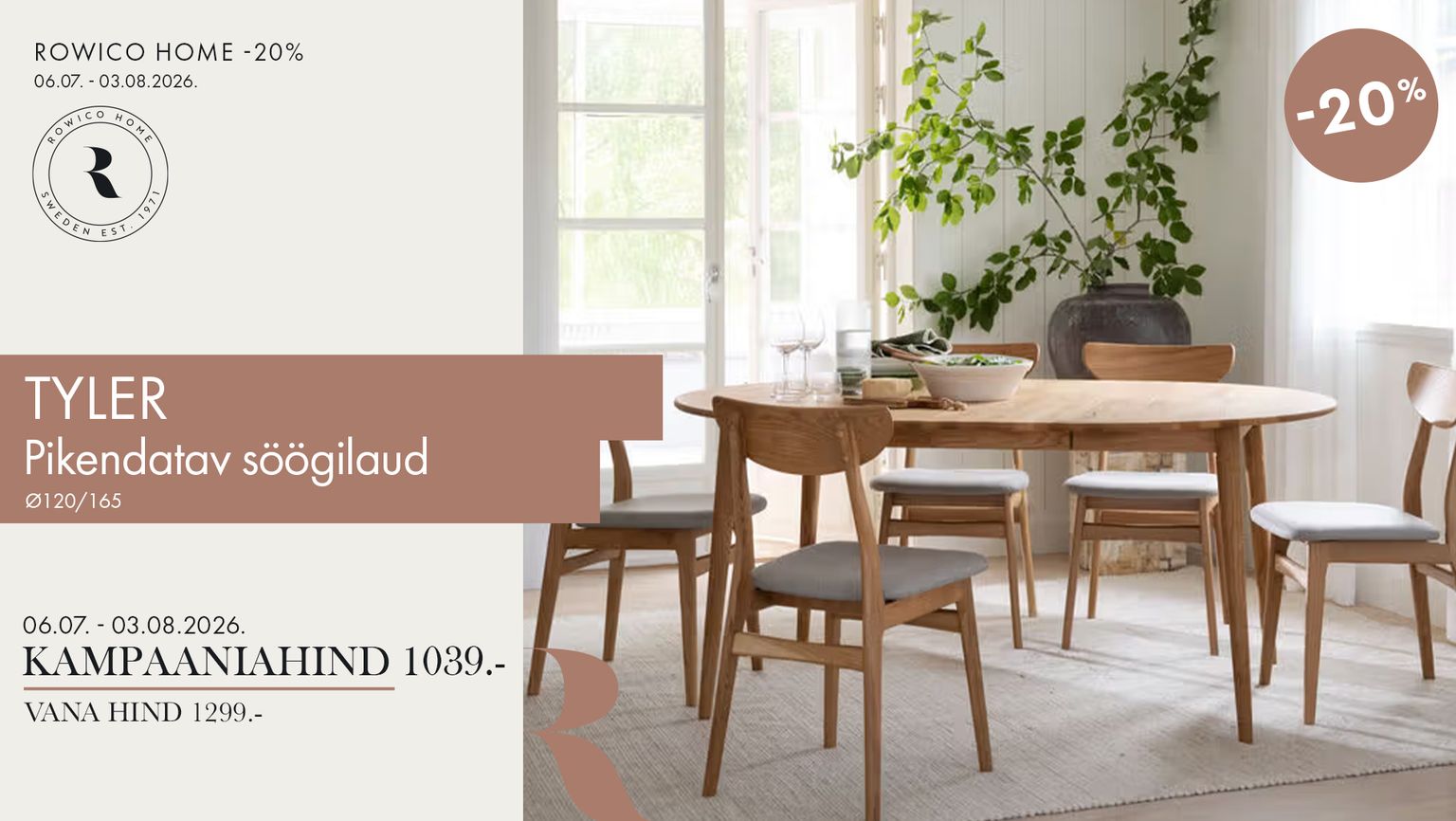tyler pikendatav söögilaud söögilaud puit Rowico Home pikendatav Ø120/165 -20% kampaania 1299 € -> 1039 €