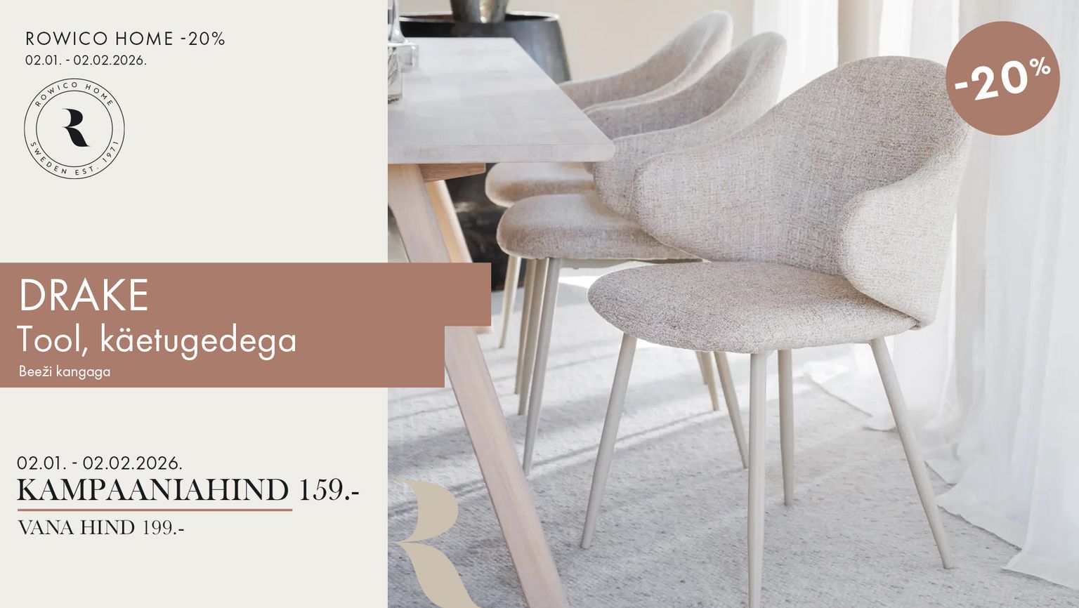drake tool käetugedega kangas beež Rowico Home söögitool -20% kampaania 199 € -> 159 €