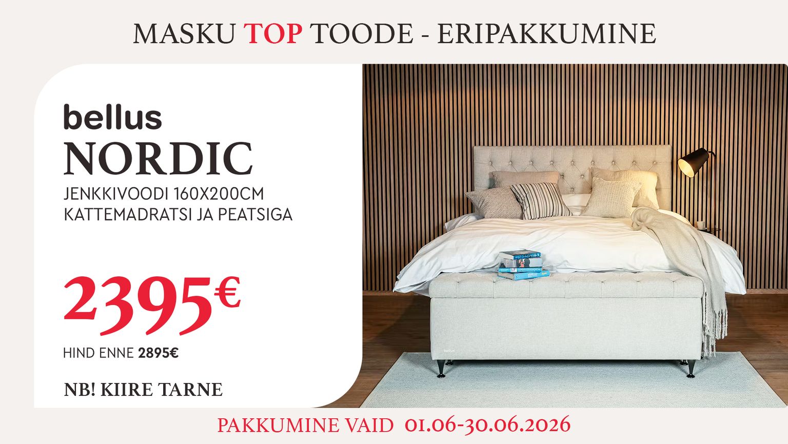 nordic jenkkivoodi voodi kangas helehall Bellus 160x200 cm kattemadratsi ja peatsiga 2895 € -> 2395 €