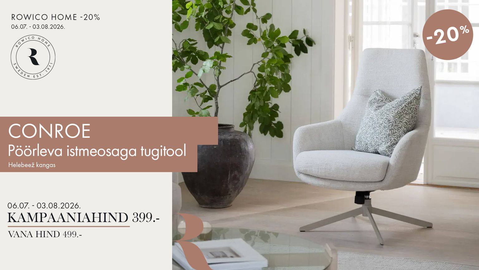 conroe pöörleva istmega tugitool tugitool helebeež kangas Rowico Home -20% kampaania 499 € -> 399 €