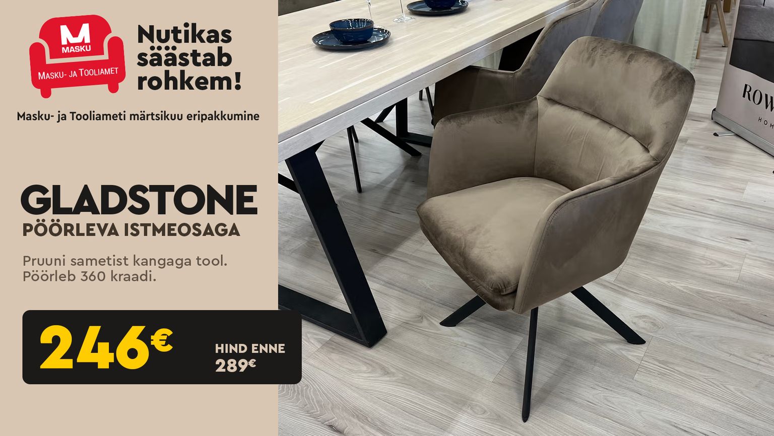 gladstone tool söögitool samet pruun Masku pöörlev istmeosa -15% kampaania 289 € -> 246 €