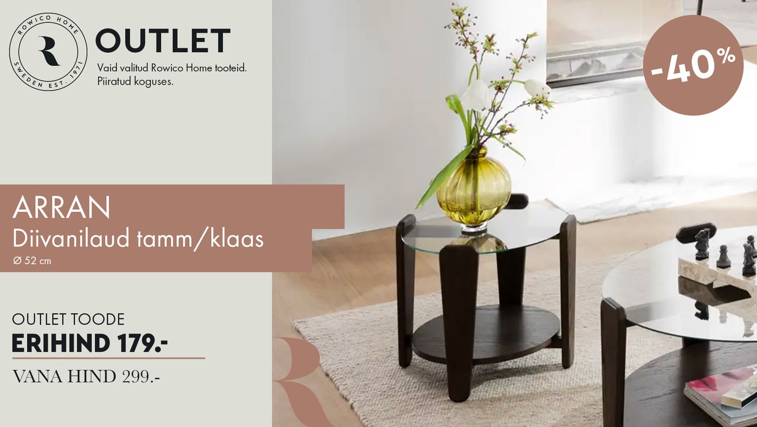 arran diivanilaud diivanilaud tamm ja klaas must Rowico Home outlet -40% kampaania 299 € -> 179 €