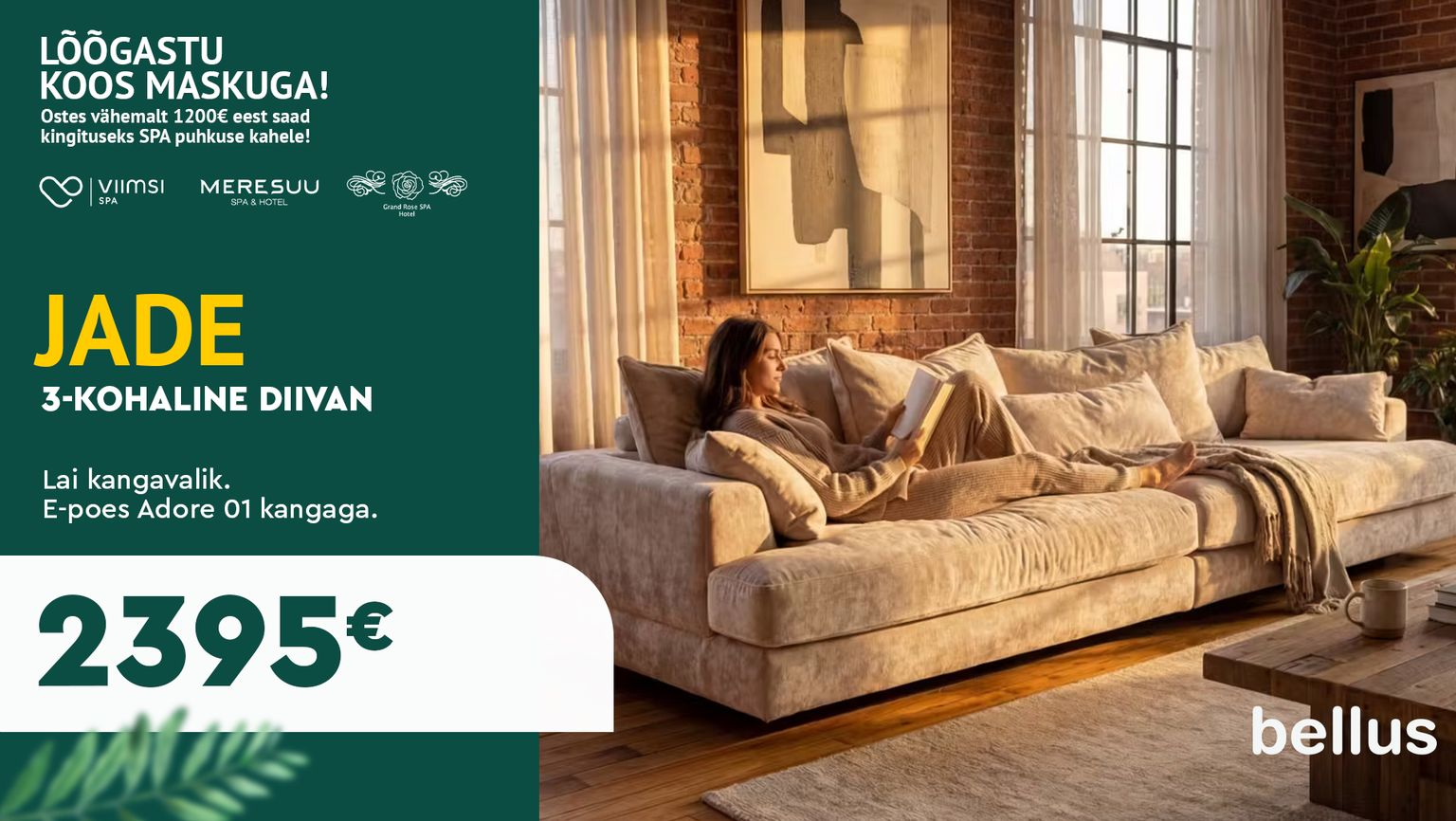 Jade 3-kohaline diivan, beež Adore 01 kangas, Bellus, lai istumisosa, kiire tarne, SPA kampaania, 2395 €