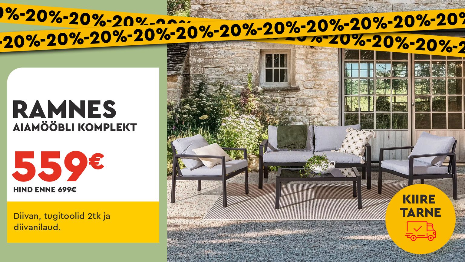 ramnes aiamööbli komplekt metallist hall diivanilaud ja 2 tugitooli -20% kampaania 699 € -> 559 €