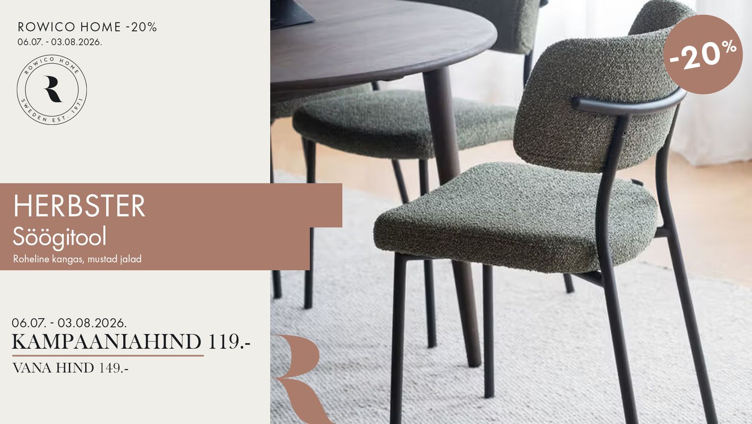 herbster söögitool tool roheline kangas mustad jalad Rowico Home -20% kampaania 149 € -> 119 €