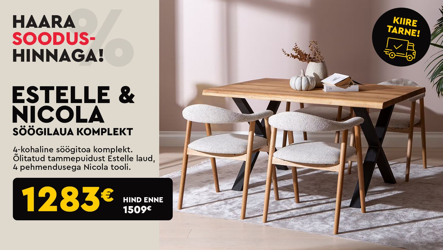 estelle & nicola söögilaua komplekt söögilaua komplekt tammepuit naturaalne 4 inimesele söögituppa -soodushind 1509 € -> 1283 €