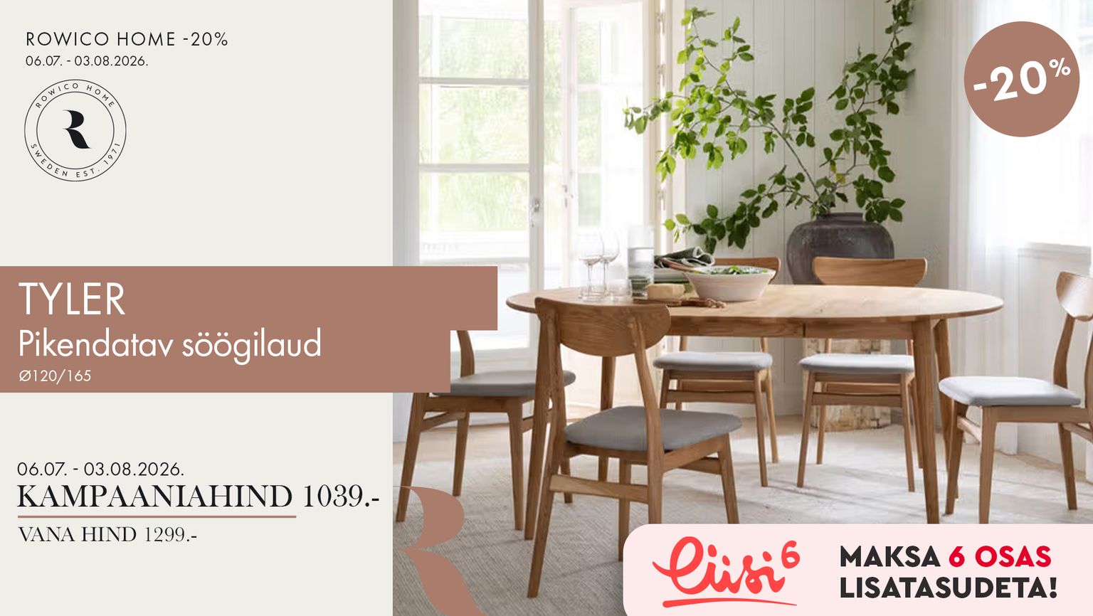tyler pikendatav söögilaud, puit, pruun, Rowico Home, pikendatav söögilaud Ø120/165, -20% kampaania, 1299 € -> 1039 €