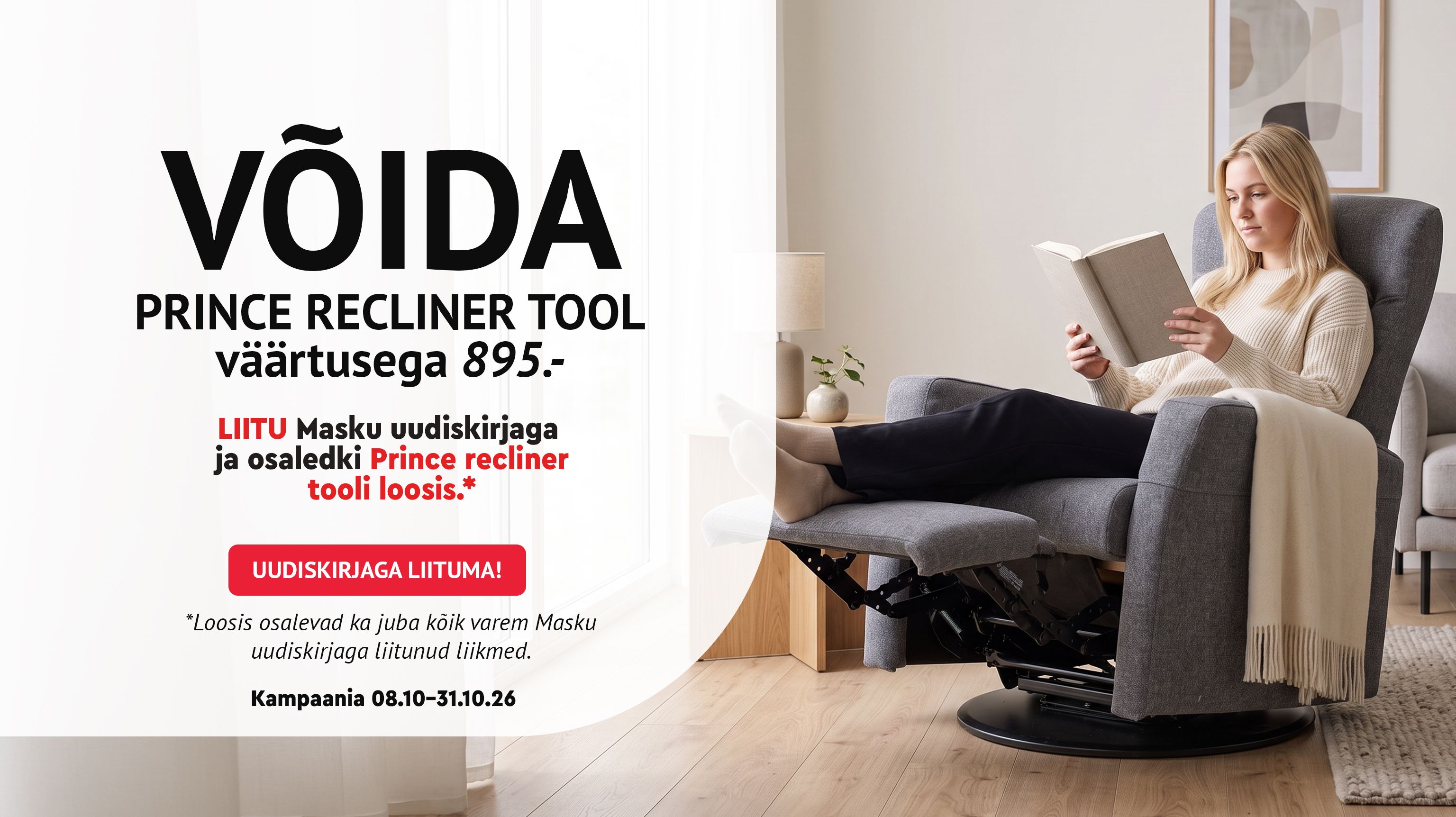 Prince recliner tool, hall kangast tugitool jalatoega, Masku uudiskirjaga liitujate loosiauhind väärtusega 895 €