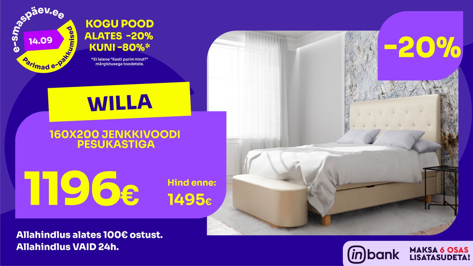 Willa jenkkivoodi 160x200 pesukastiga beež kangas -20% kampaania 1495 € -> 1196 €