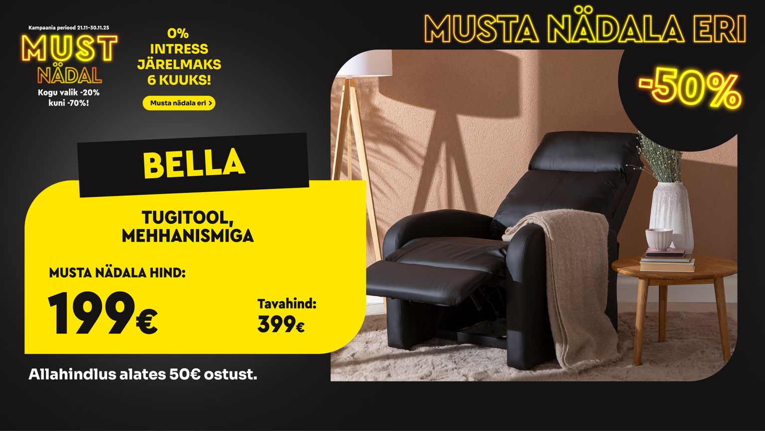 bella tugitool mehhanismiga mustast kunstnahast tugitool -50% kampaania 399 € -> 199 €