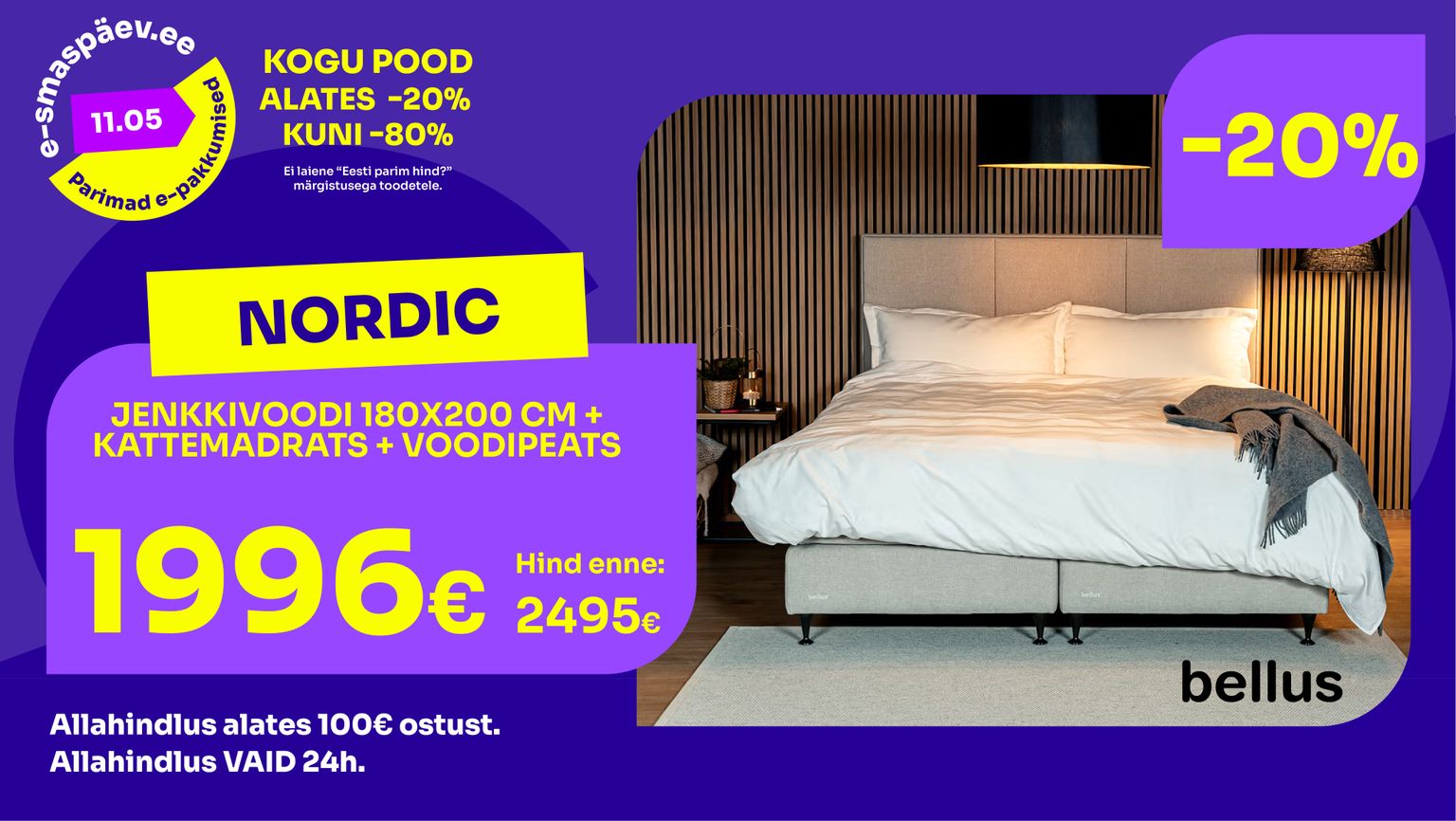nordic jenkkivoodi hall kangas Bellus 180x200 cm magamistuppa -20% kampaania 2495 € -> 1996 €