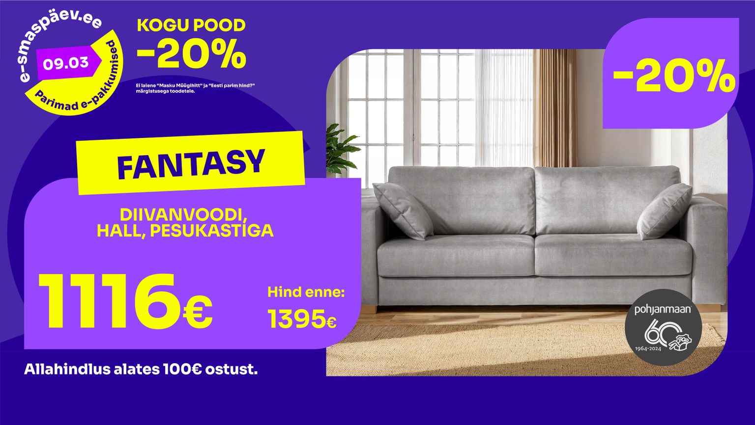 fantasy diivanvoodi diivanvoodi kangas hall pesukastiga -20% kampaania 1395 € -> 1116 €