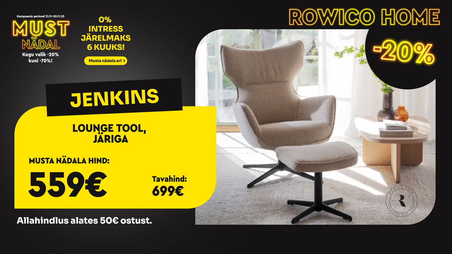 jenkins lounge tool järiga kangast beež rowico elutuppa -20% kampaania 699 € -> 559 €